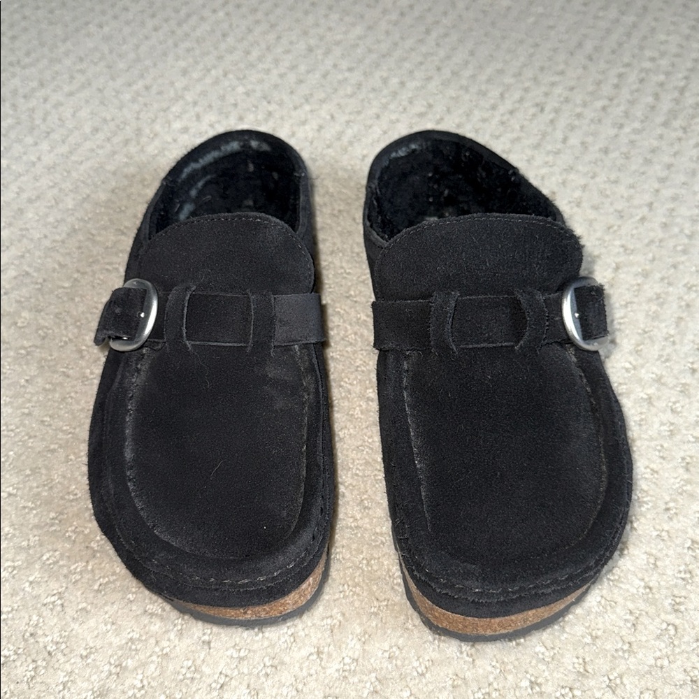 Birkenstock Black Suede Sherling Buckley Slip-On Mule Shoes 37 (6 - 6.5)
